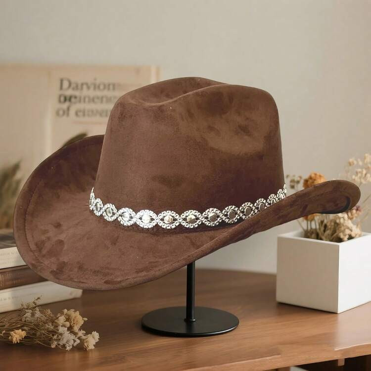 Womens Western Cowgirl Hats With Rhinestone Band Fashionable Elegant Wide Brim Fedora Cowboy Caps For Daily Party | SHEIN