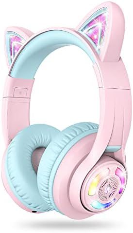 iClever Cat Ear Kids Bluetooth Headphones,LED Light Up Over Ear Kids Wireless Headphones with Mic... | Amazon (US)