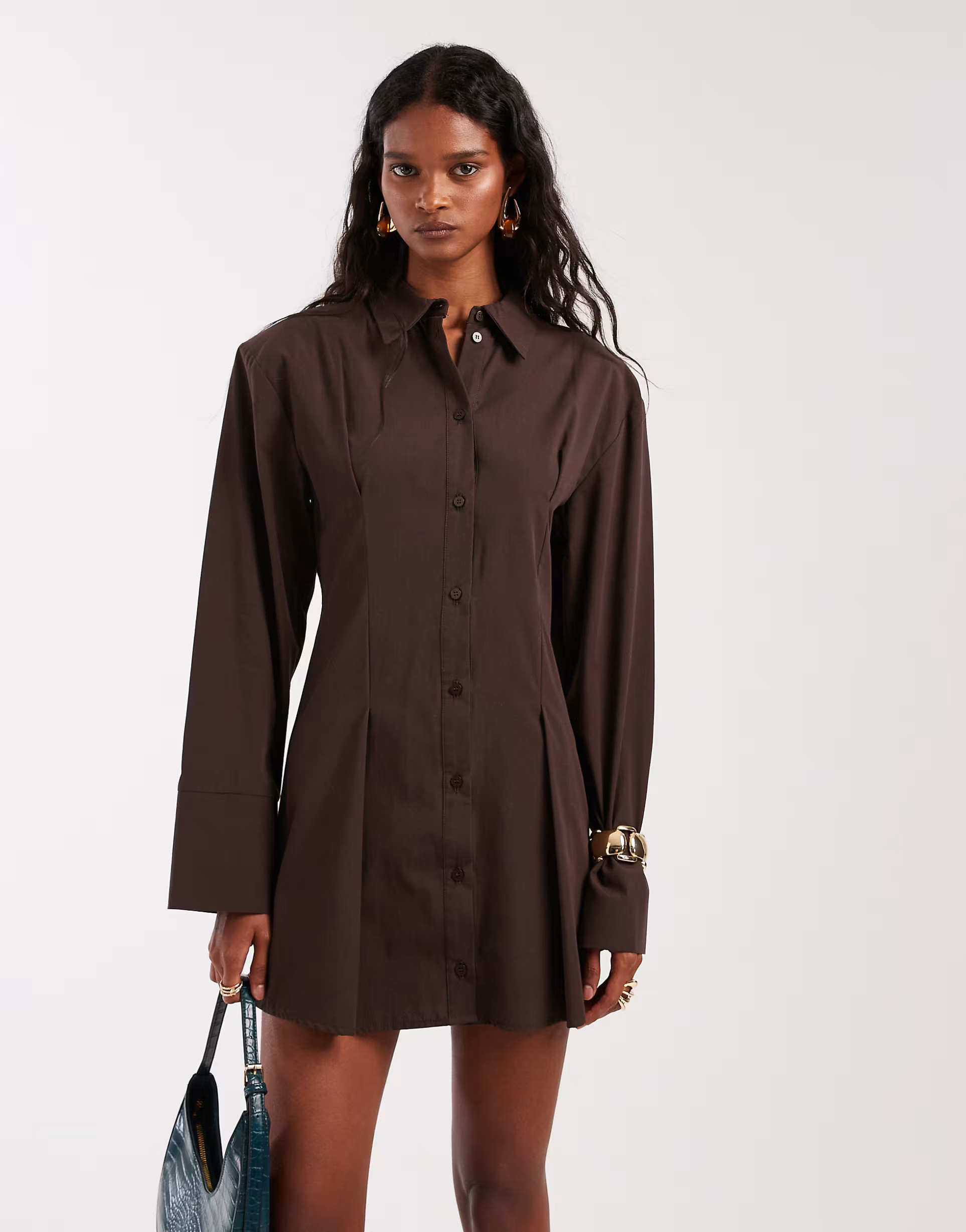 ASOS DESIGN cinched shoulder pads mini shirt dress in brown | ASOS | ASOS (Global)