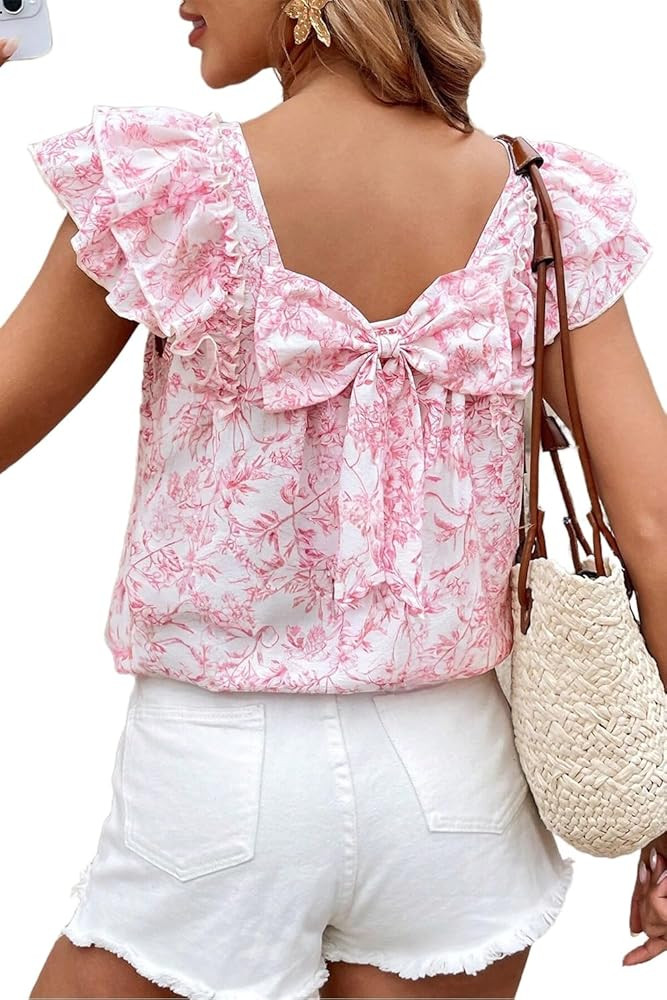 Apvirdy Women Floral Ruffle Short Sleeve Bow Shirts Summer Elegant Square Neck Layered Ladies Top... | Amazon (US)