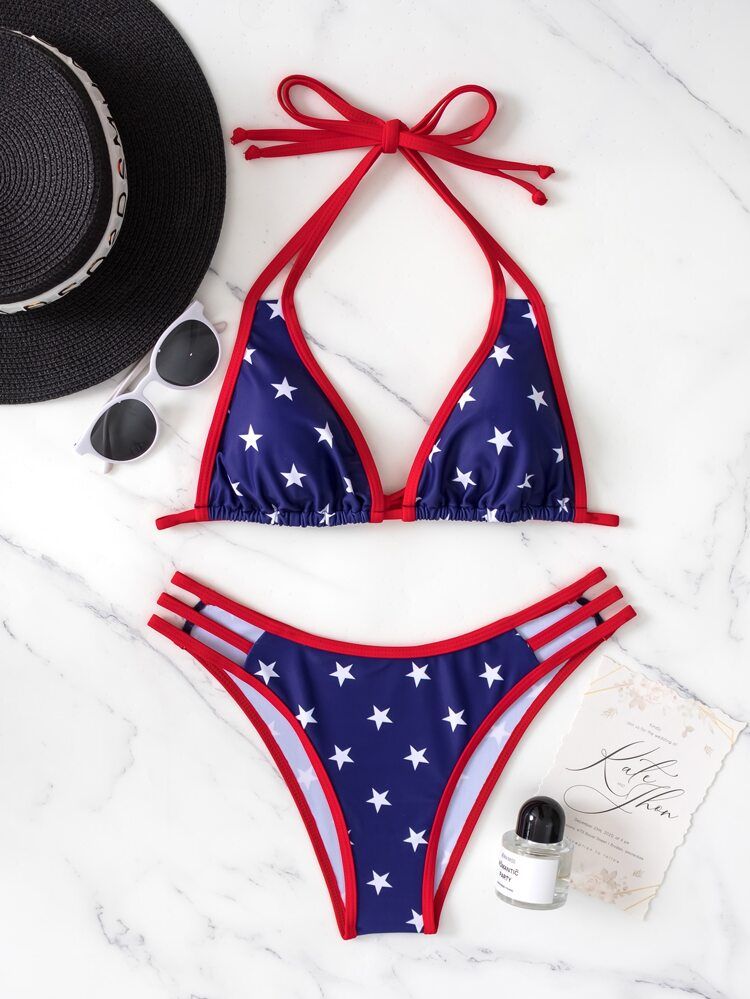 Star Pattern Halter Triangle Bikini Swimsuit | SHEIN