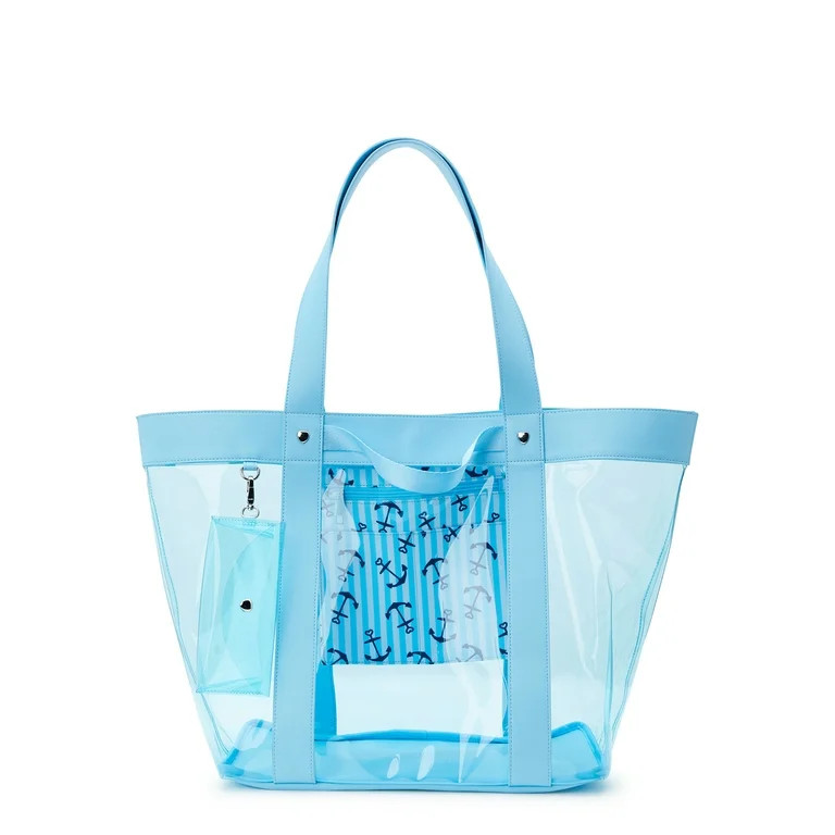 No Boundaries Women's Vinyl Beach Tote with Removable Glasses Case, Blue | Walmart (US)