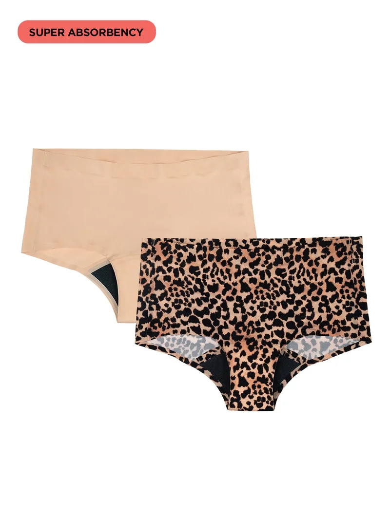 No Boundaries Boyshort Super Absorbency Period Underwear, 2-Pack, Women’s Sizes XS-XXL | Walmart (US)