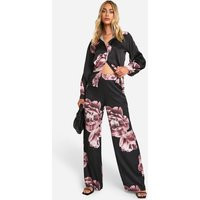 Womens Large Scale Floral Wide Leg Pants - Black - 2 | boohoo (US & Canada)