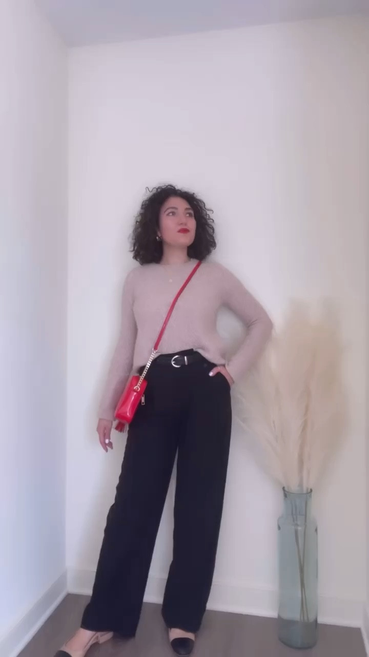 black trousers, black pants, red bag, neutral outfit, spring outfit, work outfit, beige sweater, black and tan shoes, flats 

#LTKSpringSale #LTKstyletip