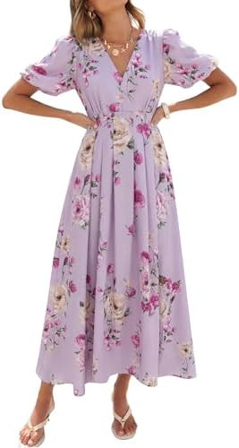 Caracilia Women’s Floral Maxi Dress,Spring Wedding Guest Formal Party,V Neck Puff Sleeve Full L... | Amazon (US)
