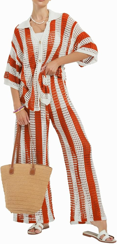 NIFTRIRY Women Cover Up Sets Button Up Tops with Pants Crochet Set Outfit 2 Piece Outfits Vacatio... | Amazon (US)