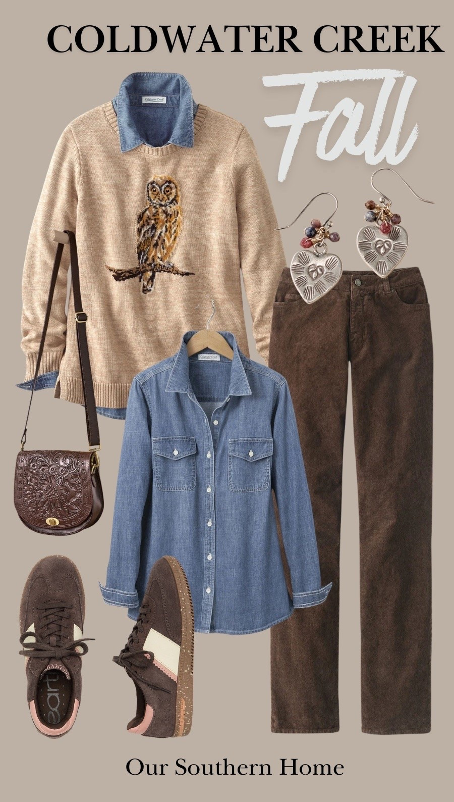 Fall from Coldwater Creek is so fun this year with this owl sweater paired with cords, denim shirt and brown sneakers! @Coldwater Creek

#LTKootd #LTKSeasonal #LTKOver40