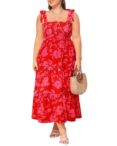 Pinup Fashion Women's Summer Maxi Dress Plus Size Floral Red Spaghetti Tie Strap Square Neck Long Flowy Boho Smocked Tiered Sundress | Amazon (US)