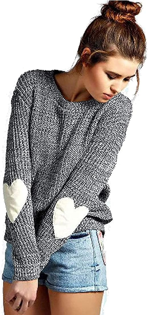 shermie Women's Cute Heart Pattern Elbow Patchwork Casual Crewneck Knitted Sweaters Pullover | Amazon (US)