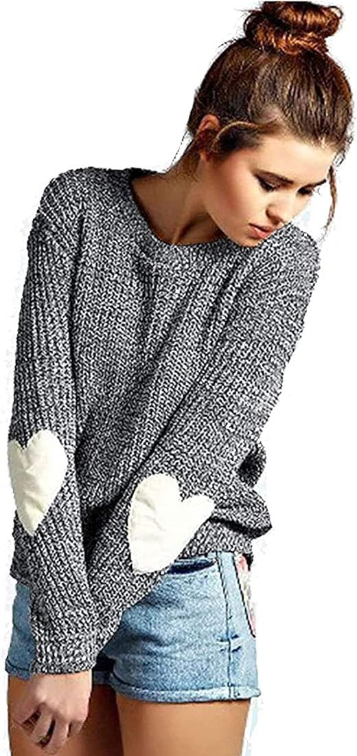 shermie Women's Cute Heart Pattern Elbow Patchwork Casual Crewneck Knitted Sweaters Pullover | Amazon (US)