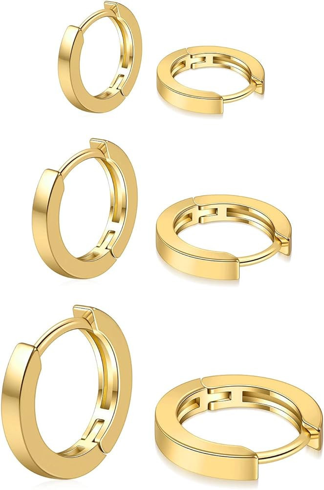 micuco 3 Pairs Small Hoop Earrings for Women, 14K Gold plated Hoop Huggie Earrings for Men, Tiny ... | Amazon (US)