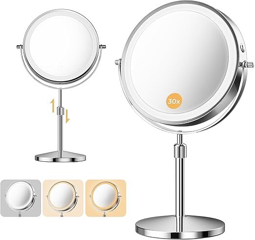 Makeup Mirror, 1X/30X Double Sided Magnifying Mirror with 3 Colors, 3200 mAh Rechargeable Vanity ... | Amazon (US)