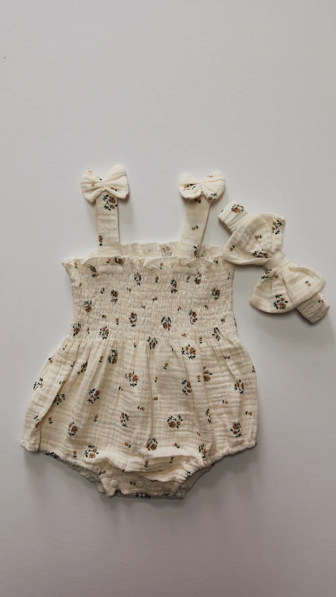 Ivory Tan Roses | Muslin Romper & Bow | Forever French
