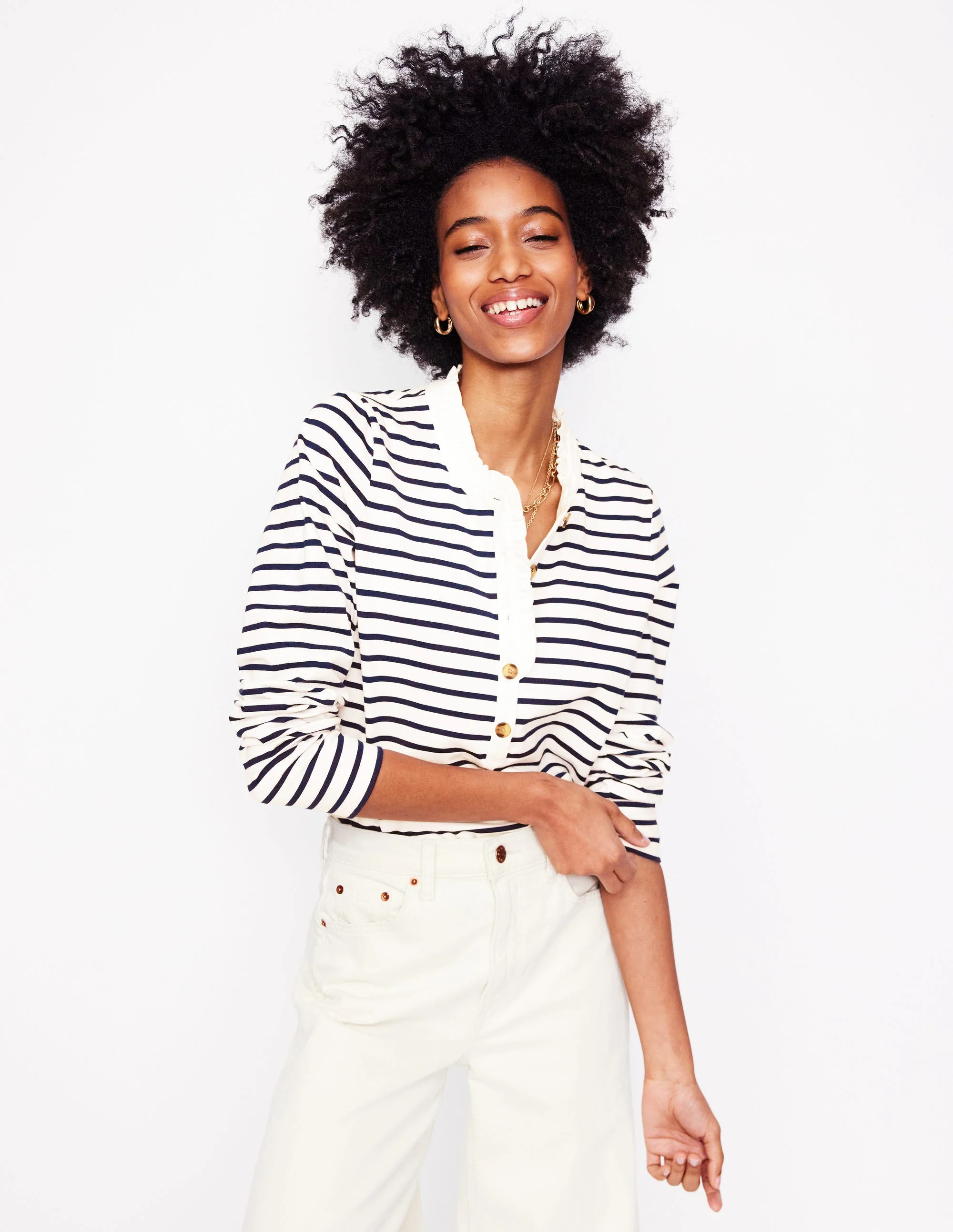 Frill Neck Breton Top-Ivory, Navy | Boden (US)