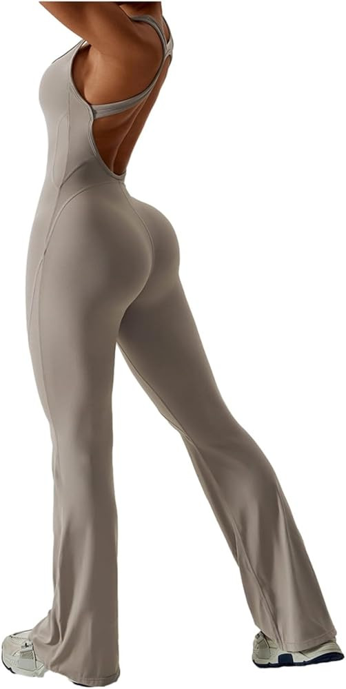 Women Backless Flare Jumpsuits Sleeveless Sexy Tummy Control Workout Jumpsuits | Amazon (US)