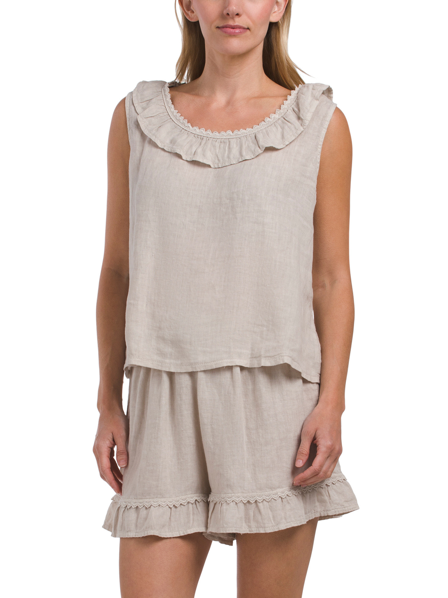 Made In Italy 2pc Linen Ruffle Neckline Tank Top And Shorts Pajama Set | TJ Maxx