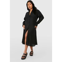 boohoo Women's Plus Linen Look Midi Shirt Dress in Black | Size: 24 | boohoo (US & Canada)