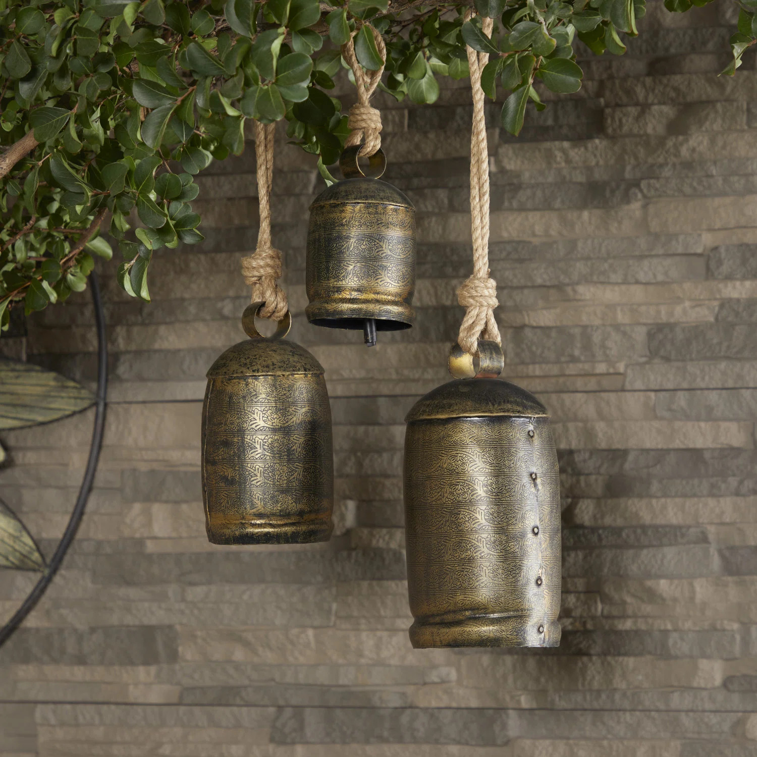 Bungalow Rose Kaskaskia Metal Tibetan Inspired Indoor Outdoor Decorative Cow Bells with Jute Hang... | Wayfair North America