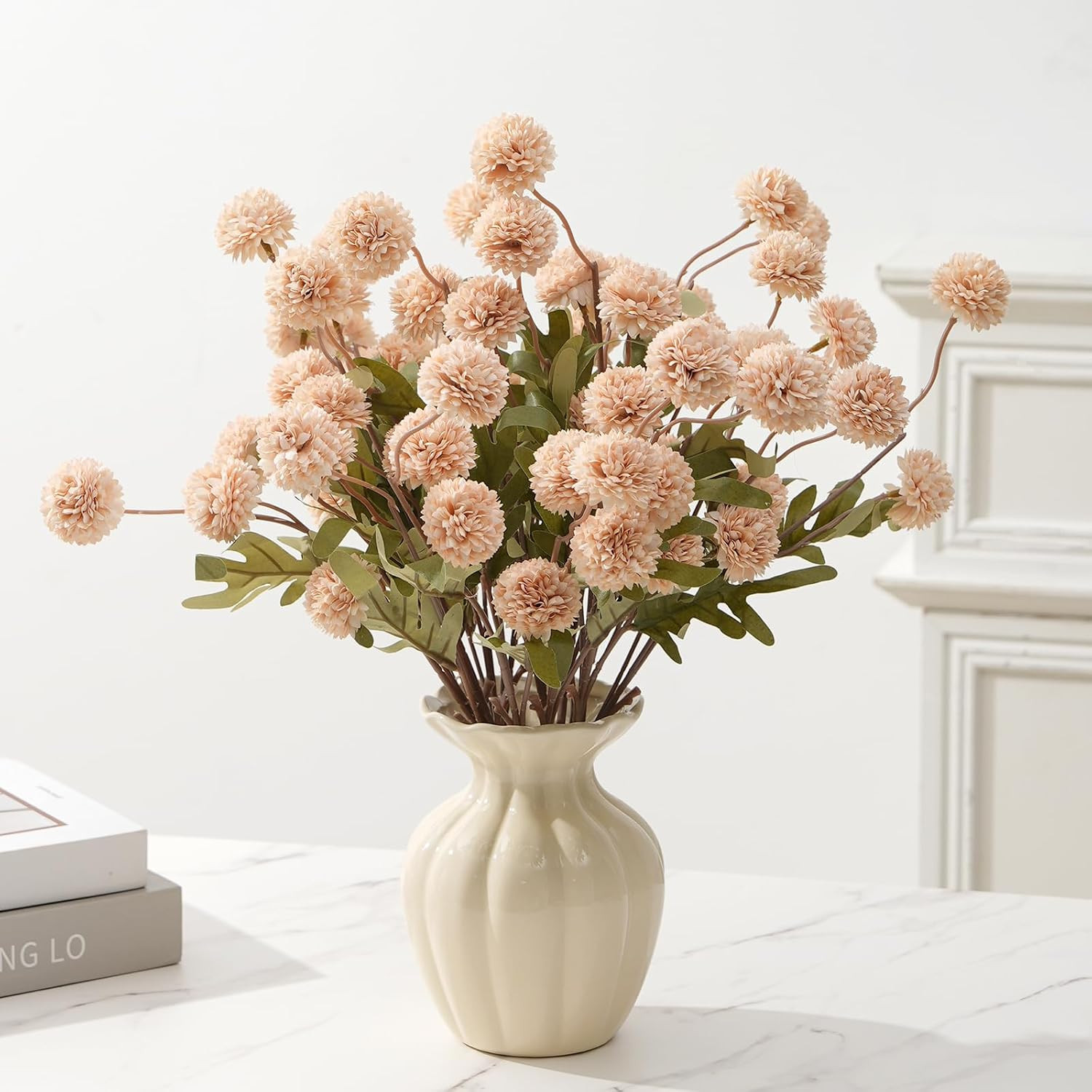 Fake Fall Flowers for Vase, Faux Silk Kiku Mums, Artificial Pom pom Floral Bouquets Indoor Centerpiece Office Coffee Table Boho Home Decorations (9, Khaki) | Amazon (US)