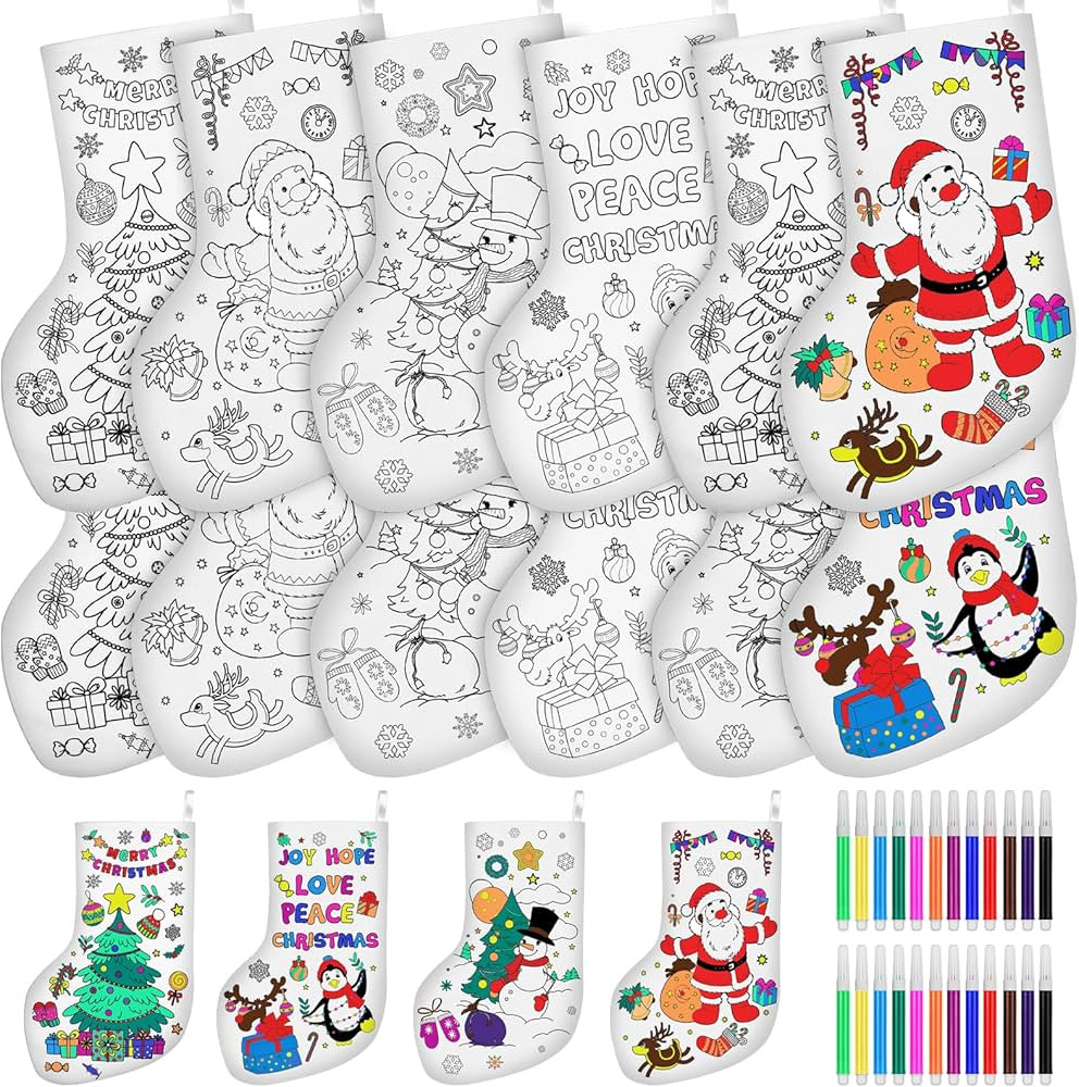 Shknldzsm 12 Pcs 18’’ DIY Christmas Stockings Crafts with 24 Markers Color Your Own Personali... | Amazon (US)