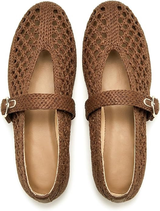 Woven Ballet Flats Women Mesh Raffia Flats Round Toe Mary Janes Comfortable Ballerina Flat Shoes | Amazon (US)