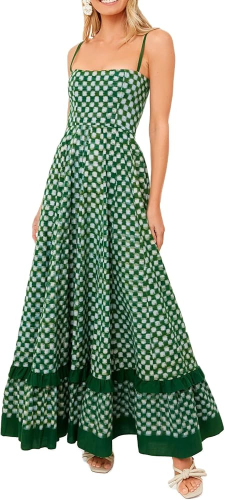 UAURORAO Women Checkered Maxi Dress Flowy Spaghetti Strap Checkmate Dinner Guest Long Dress Gingh... | Amazon (US)