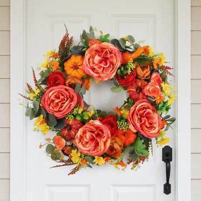 45cm Fall Peony Pumpkin Wreath, Autumn Wreath With Eucalyptus Leaves Ornament Rustic Farmhouse Home Decor | Wayfair North America