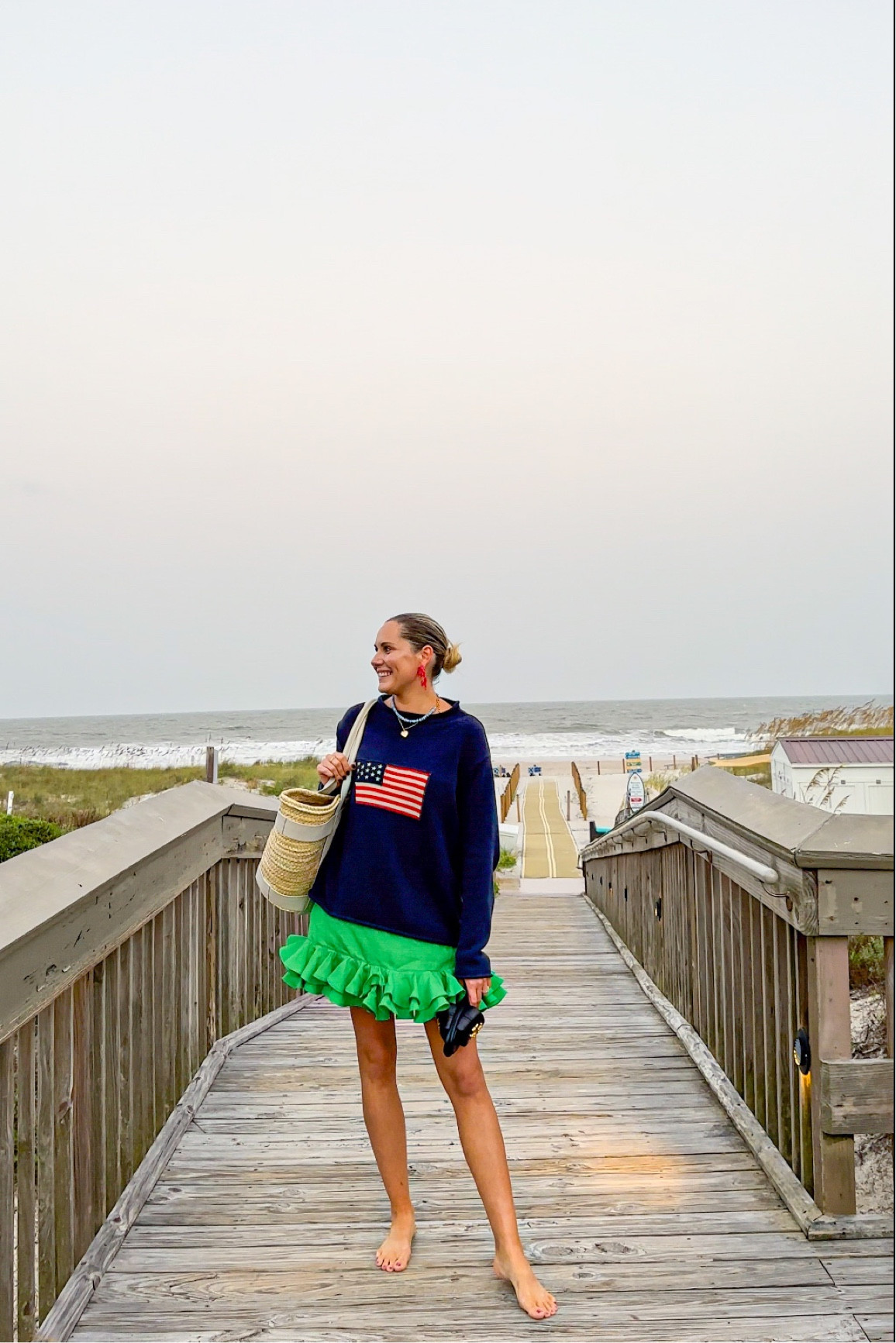 Sunset on the east coast look - tuckernuck sweater. Fanm Mon flirt dress. DeMellier bag, brinker & Eliza locket. French sole shoes. 