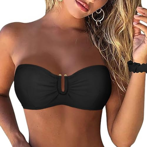 Firpearl Underwire Bathing Suit Top for Women Strapless Swim Tops Only Padded Swimsuits Top Sexy Black Bikinis US 10 | Amazon (US)