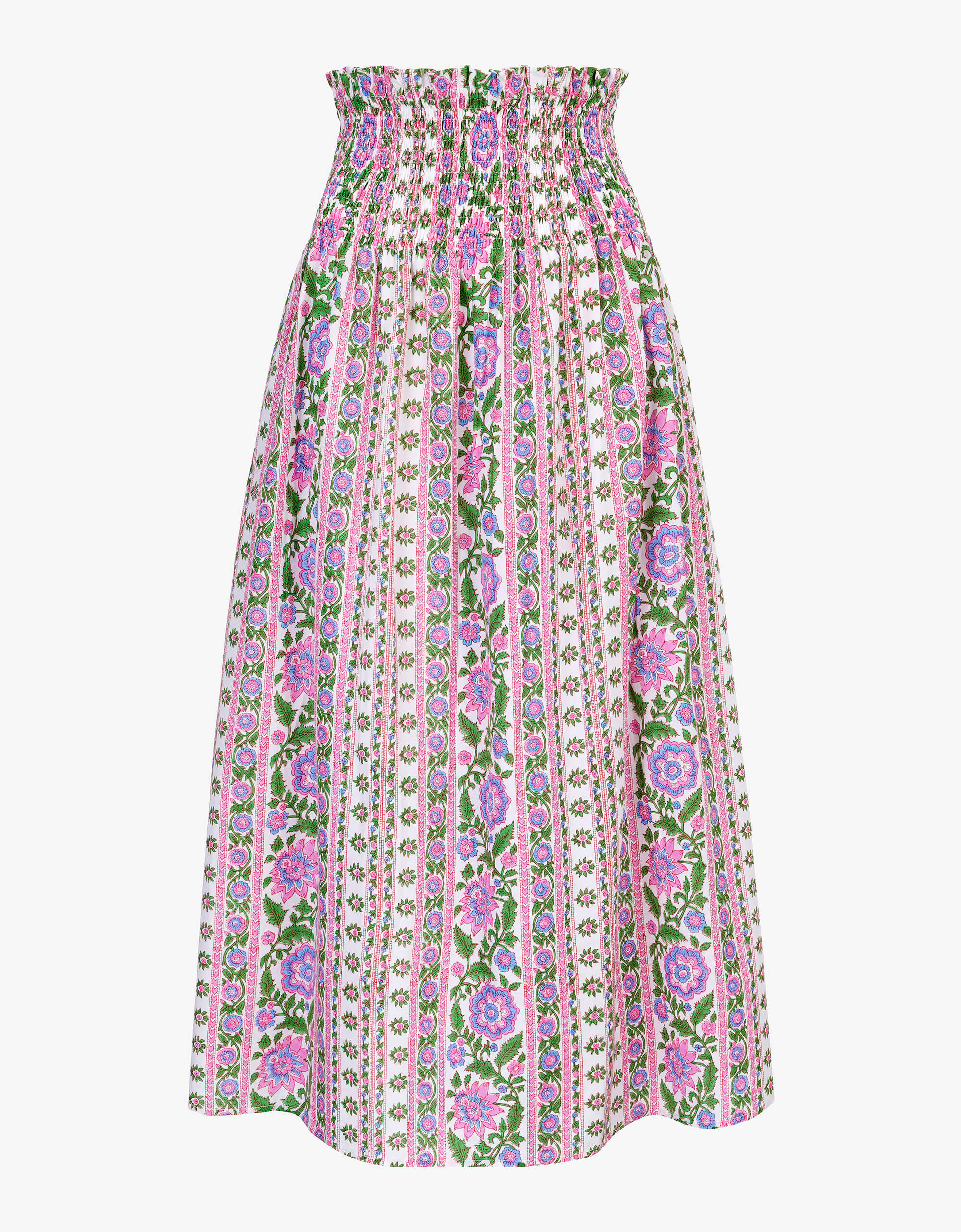 Alba Skirt | Pink, Blue & Green Floral Midi | Block Print Cotton | Pink City Prints UK
