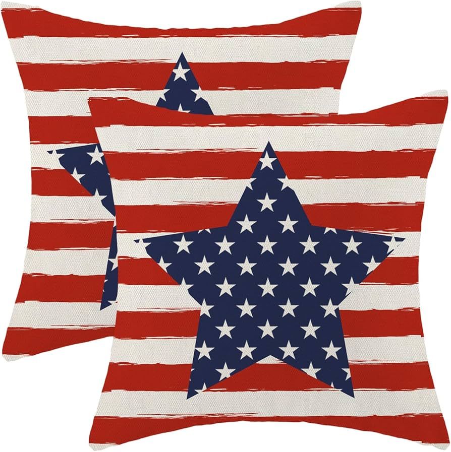 4th of July Throw Pillow Cover, 18x18 Inch Set of 2 Red Stripes Blue Stars Patriotic Decorative O... | Amazon (US)