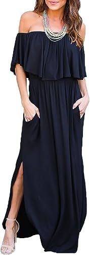 THANTH Womens Off The Shoulder Ruffle Party Dresses Side Split Beach Maxi Dress | Amazon (CA)
