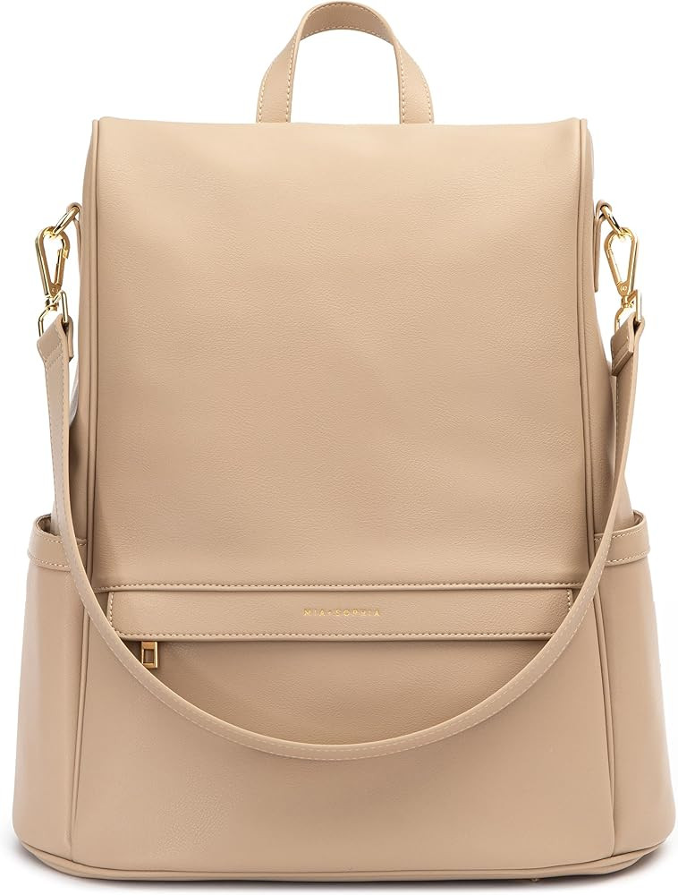 Leather Diaper Bag Backpack with Changing Pad, Stroller Straps, Bottle Holder (Beige Mia) | Amazon (US)