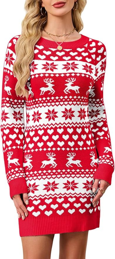 SunnyMelody Womens Ugly Christmas Sweater Dress Cute Knit Heart Pattern Winter 2025 Crew Neck Lon... | Amazon (US)