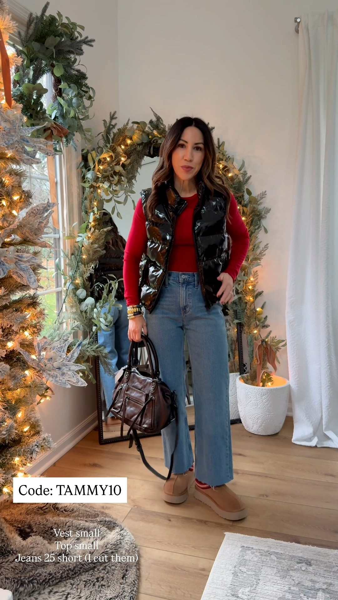 Code Tammy10 at Studio 4. Small black puffer vest. Small red top. Jeans 25 short. I cut them. Uggs tts 

#LTKOver40 #LTKFindsUnder100 #LTKHoliday