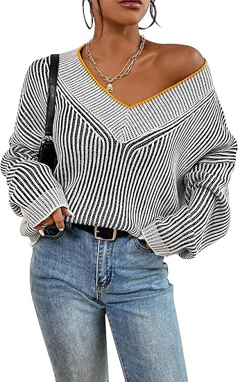 Cakulo Womens Fall 2024 Oversized Striped V Neck Sweaters Long Sleeve Knit Color Block Trendy Pul... | Amazon (US)