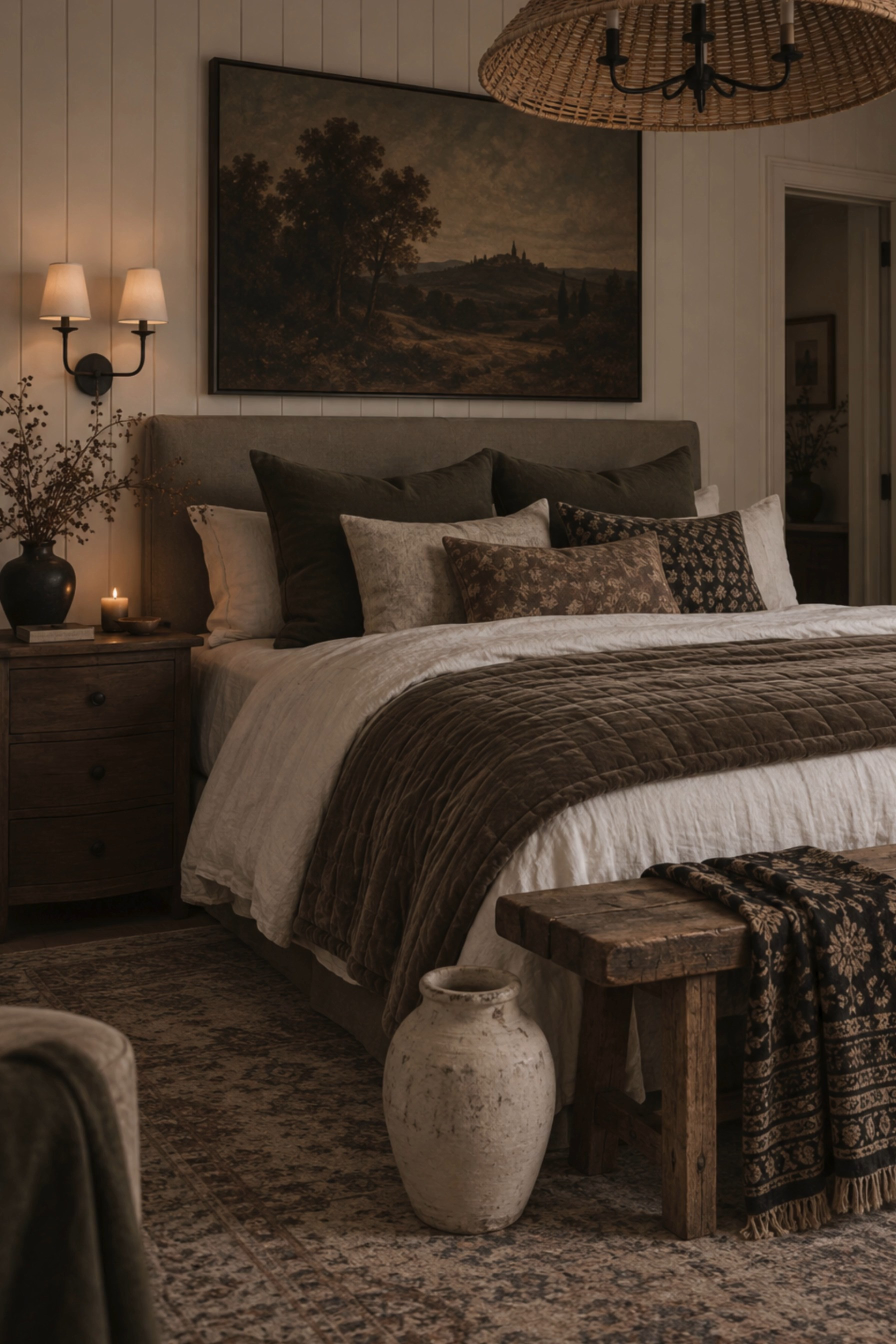 Moody Fall Bedroom Inspiration 🤎 This cozy bedroom layers rich chocolate brown, warm taupe, creamy linen, and vintage-inspired patterns for a sophisticated English country look. The upholstered bed is styled with oversized velvet pillows, patterned lumbar pillows, crisp neutral bedding, and a plush quilted coverlet, while rustic wood furniture, a woven rattan chandelier, traditional wall sconces, landscape artwork, and an antique-style rug create a beautifully collected feel. Warm ambient lighting and earthy textures make this the perfect inspiration for a moody fall bedroom refresh. 🖤 If you want to see more content like this, FOLLOW maeveandmodern on LTK, Instagram, and Pinterest! Check out our blog where we post daily, maeveandmodern.com! Moody Fall Bedroom | Fall Bedroom Decor | Cozy Bedroom Ideas | English Country Bedroom | Modern Traditional Bedroom | Chocolate Brown Decor | Brown Bedroom Ideas | Neutral Bedding | Layered Bedding | Velvet Throw Pillows | Patterned Pillows | Quilted Coverlet | Upholstered Bed | Rustic Wood Nightstand | Rustic Wood Bench | Rattan Chandelier | Woven Lighting | Bedroom Wall Sconces | Landscape Wall Art | Vintage Inspired Rug | Antique Style Decor | Cottage Bedroom | Warm Neutral Bedroom | Earth Tone Decor | Cozy Fall Home | Designer Bedroom Inspiration #LTKFindsUnder100

#LTKHome #LTKSaleAlert #LTKSeasonal #LTKHome #LTKSaleAlert