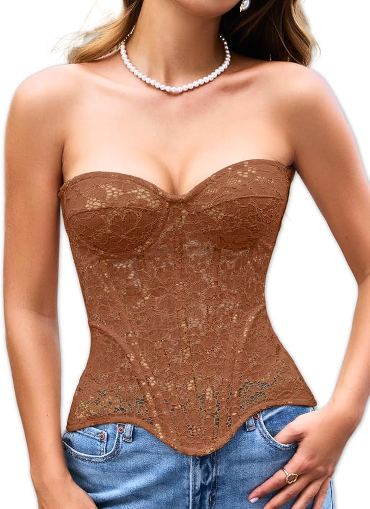 Women's French Romance Corsets, Sheer Floral Lace Fits 00-16, Push-Up Bustier with Boning and Adj... | Amazon (US)