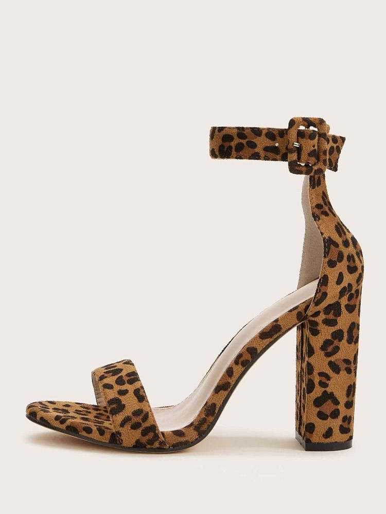Leopard Print Ankle Strip Chunky Heels | SHEIN