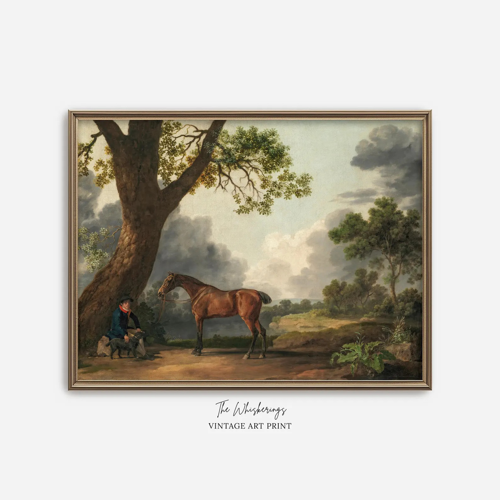 Vintage Equestrian Art Print: Moody landscape Scene, Man With Dog And Horse, Antique Painting | Etsy (Global)