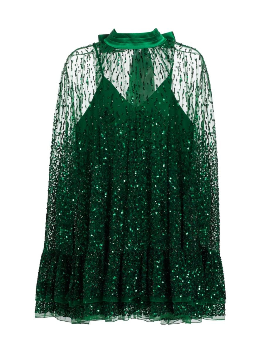 Zenon Embellished Tie-Neck Cape Minidress | Saks Fifth Avenue