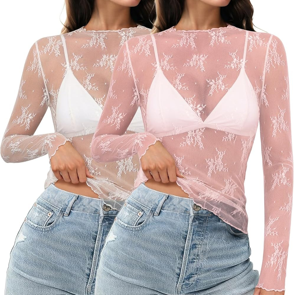 HOTOUCH Women's Mesh Sheer Tops Long Sleeve Layering Top Mock Neck See Through Floral Lace Shirt ... | Amazon (US)