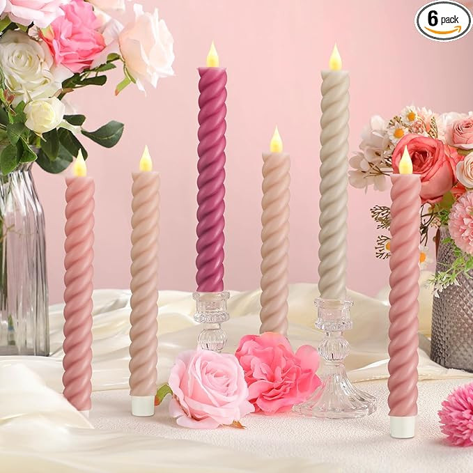 Baquler 6 Pcs Pastel Pink Flameless Taper Candle Twisted LED 9.65 Inch Taper Candles Battery Oper... | Amazon (US)