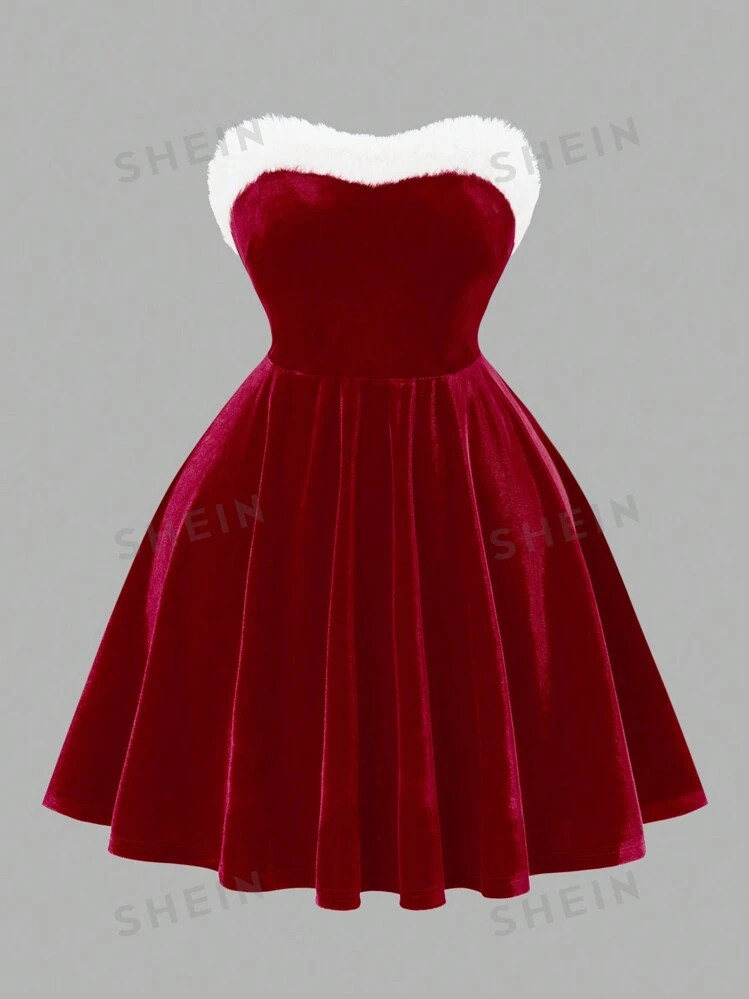 SHEIN BAE Plus Size Women Elegant Contrasting Fuzzy Trim Strapless Party Dress, Christmas Clothes | SHEIN