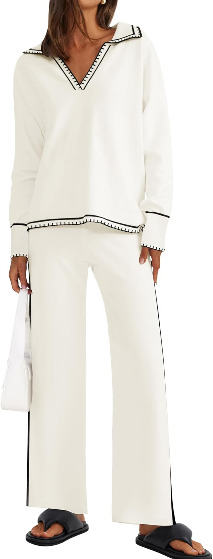 ZESICA Women's 2 Piece Fall Outfits Long Sleeve V Neck Knit Sweater Tops Wide Leg Pants Sweatsuit... | Amazon (US)