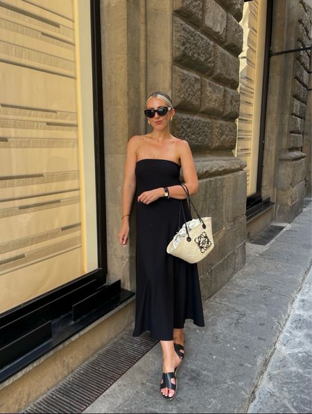 All black outfit, spring outfit, midi dress, strapless dress, YSL sunglasses, dune sandals, Loewe black anagram bag, summer style, exploring outfit, holiday outfit

#LTKsummer #LTKstyletip #LTKtravel