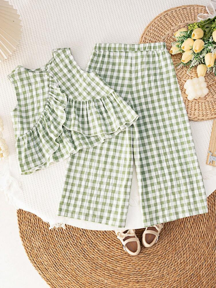 LMoss Kids LMoss Baby Girls' Woven Plaid Ruffle Casual Shirt & Loose Woven Pants Set,Sisters Outfit,Suitable For Spring And Summer | SHEIN