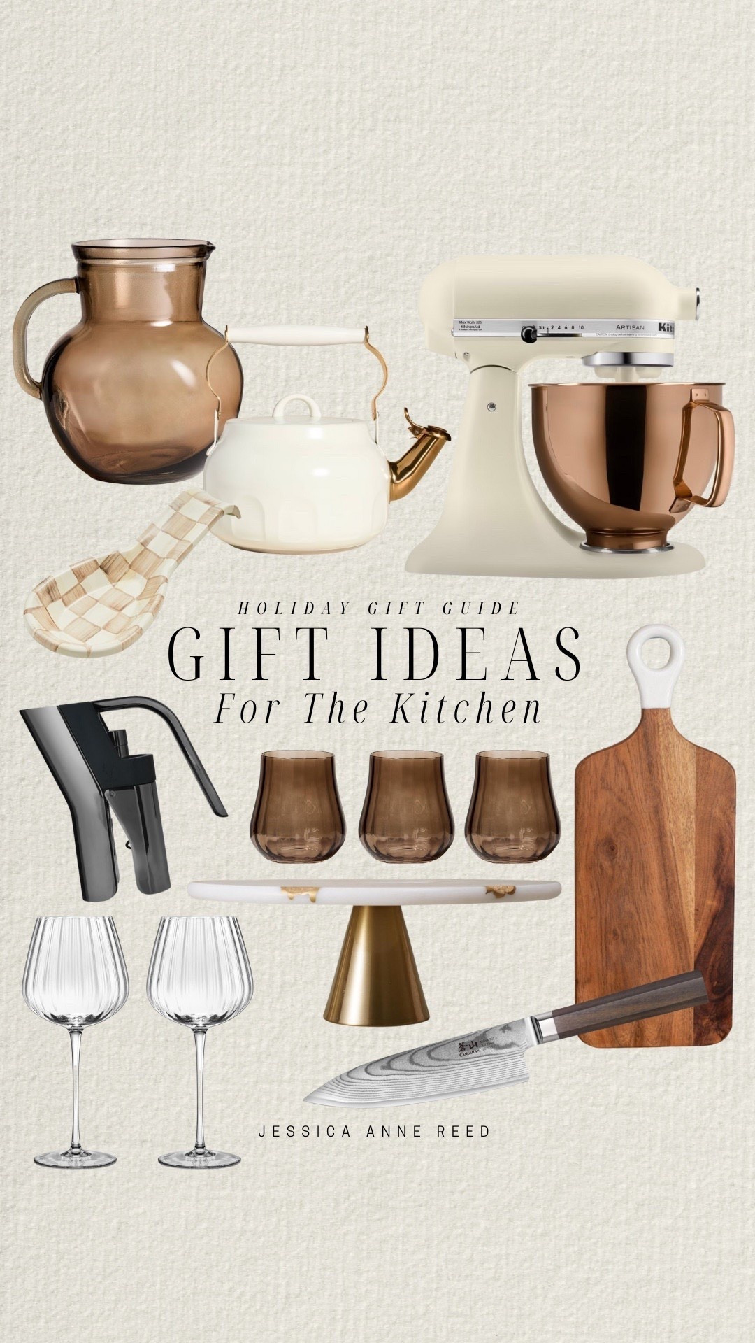 Gift ideas for your kitchen include KitchenAid mixer, tea kettle, amber glass pitcher, spoon rest, wine bottle opener, amber glasses, cheese board, cake stand, wine glasses, and knife.

Gift guide, gifts for her, gifts for the host, holiday host

#LTKGiftGuide #LTKHoliday
