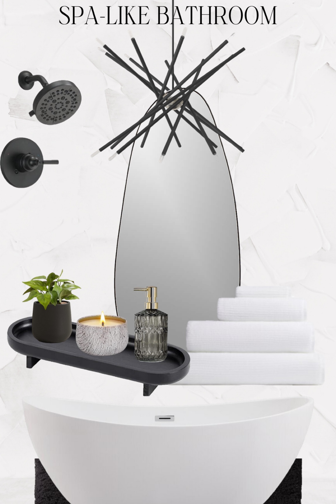 Necessities for a spa like bathroom, black and white & neutral. Asymmetrical mirror with white fluffy towels and Amazon soap dispenser high contrast black-and-white bathroom.

#LTKHome #LTKStyleTip